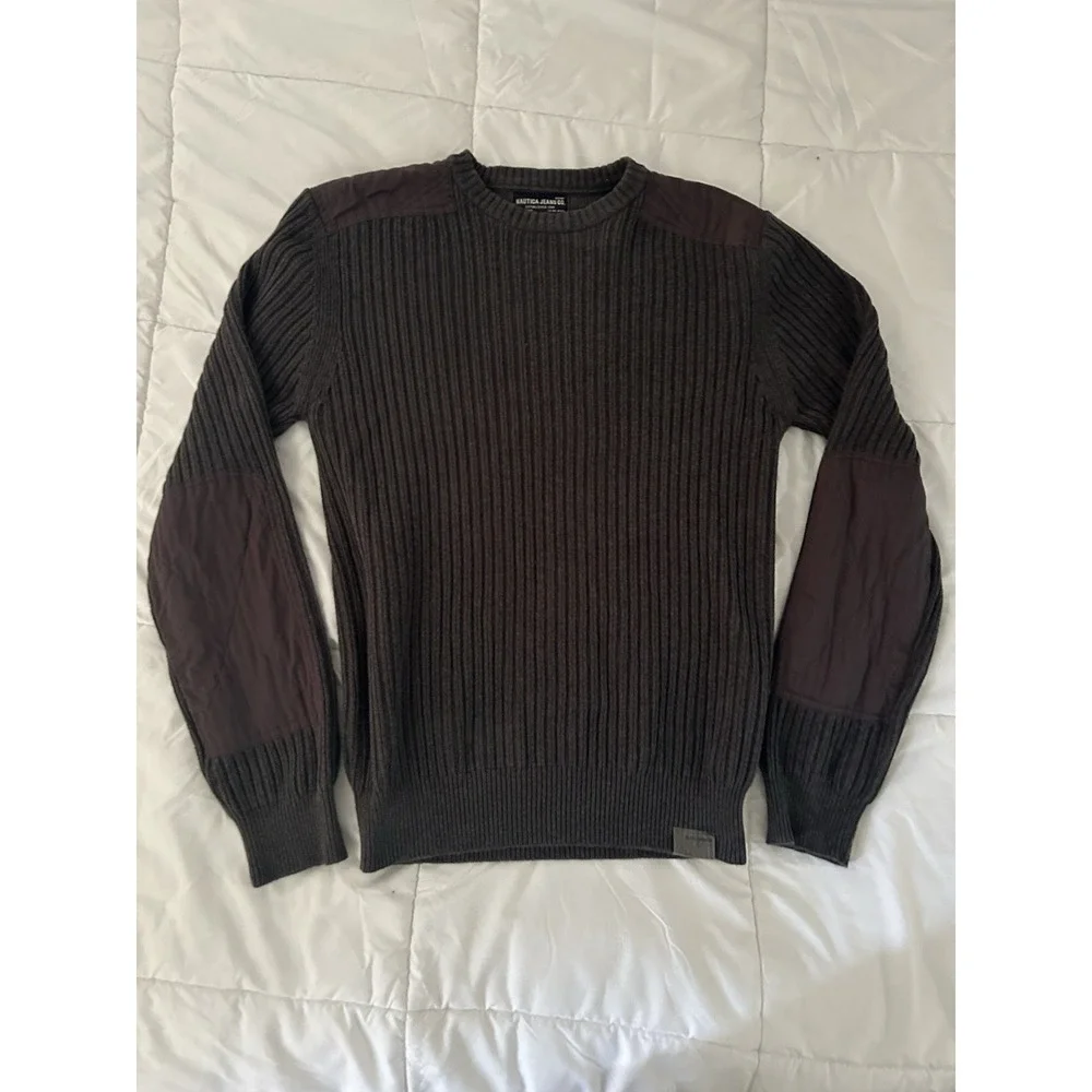 Nautica Jeans Vintage Y2K Ribbed Military Tactical Sweater, Gray, Men's Sz-XL